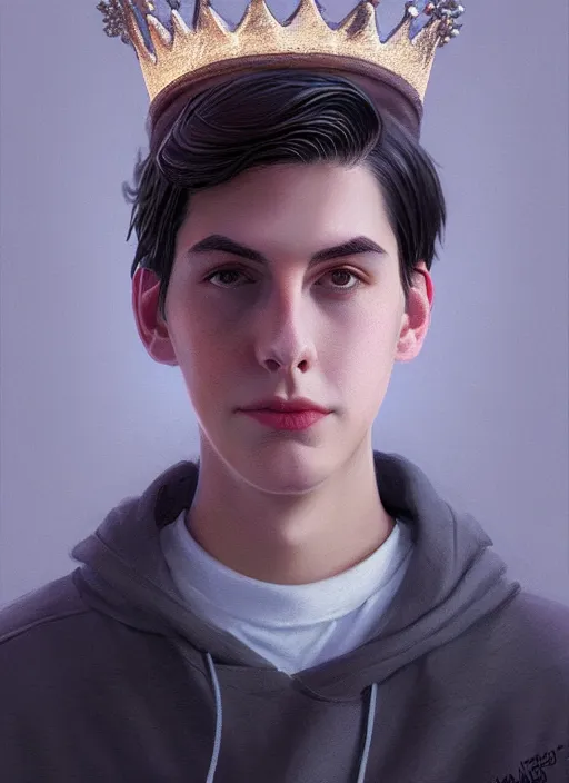 Image similar to portrait of teenage jughead jones wearing a light grey crown, photorealistic, crown, eyes closed, crown, black hair, intricate, elegant, glowing lights, highly detailed, digital painting, artstation, concept art, smooth, sharp focus, illustration, art by wlop, mars ravelo and greg rutkowski