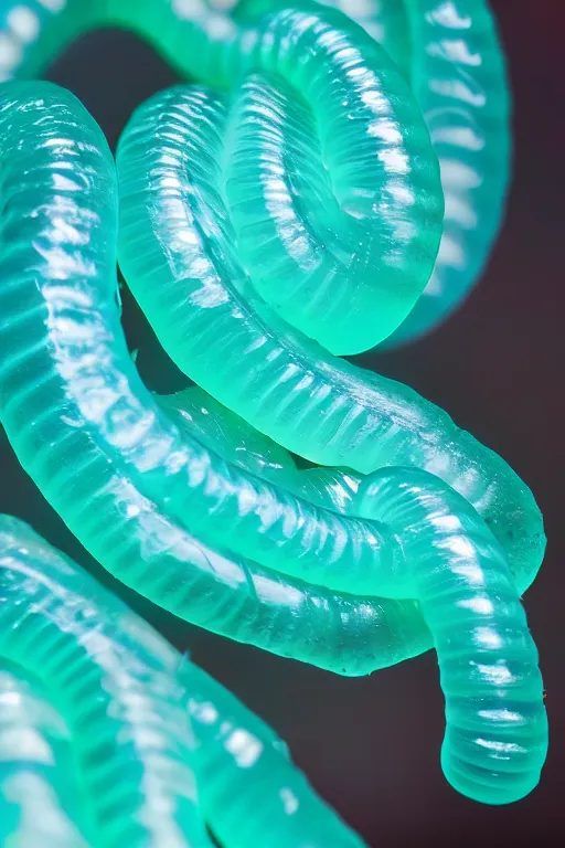 Prompt: high quality macro photo translucent gelatinous worms! gorgeous highly detailed hannah yata elson peter cinematic turquoise lighting high quality low angle hd 8k sharp shallow depth of field