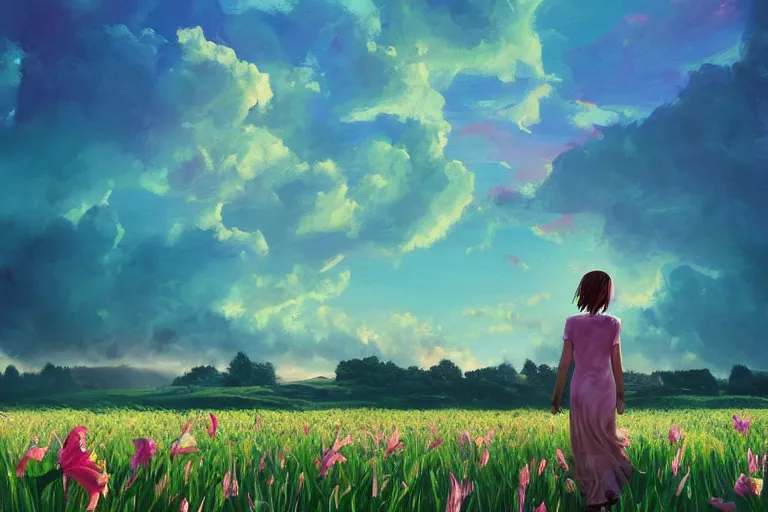 Image similar to giant gladiola head, girl walking in field of flowers, surreal photography, sunrise, blue sky, dramatic light, impressionist painting, digital painting, artstation, simon stalenhag