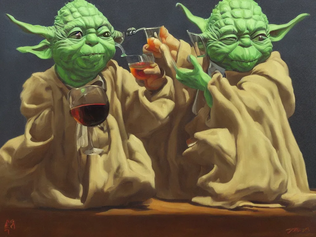 Image similar to an old oil painting of a dizzy yoda drinking wine, trending on artstation