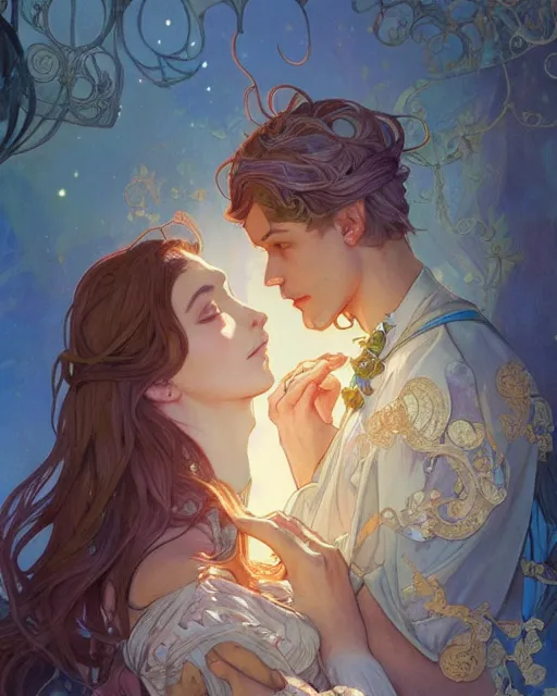 Image similar to secret romance, highly detailed, gold filigree, romantic storybook fantasy, soft cinematic lighting, award, disney concept art watercolor illustration by mandy jurgens and alphonse mucha and alena aenami, pastel color palette, featured on artstation