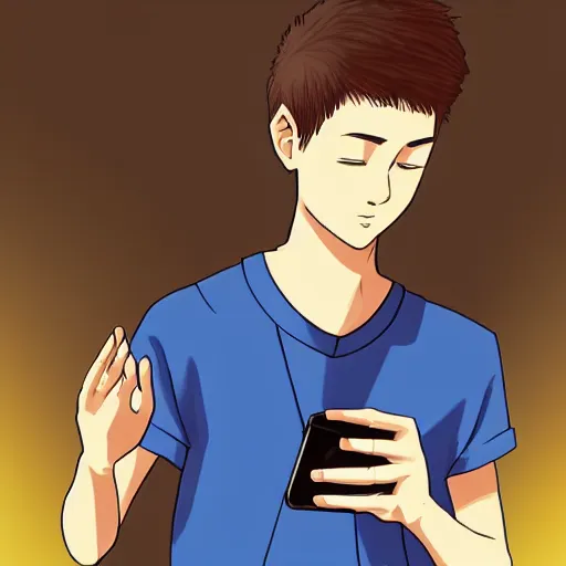 Prompt: a male teenager praying for a divine smartphone in front of him, digital art, anime style