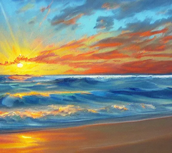 Prompt: a beautiful painting of a beach sunset with raging waves