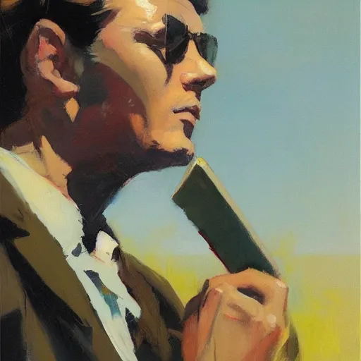 Prompt: greg manchess mid century album cover featuring a man with a notebook, medium shot, asymmetrical, profile picture, organic painting, sunny day, soft colors, matte painting, bold shapes, hard edges, street art, trending on artstation, by huang guangjian and gil elvgren and sachin teng