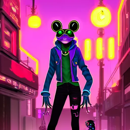 Image similar to beautiful furry digital art portrait commission of an androgynous anthro frog fursona wearing punk clothes in the streets of a cyberpunk city. neon signs. character design by charlie bowater, ross tran, artgerm, and makoto shinkai