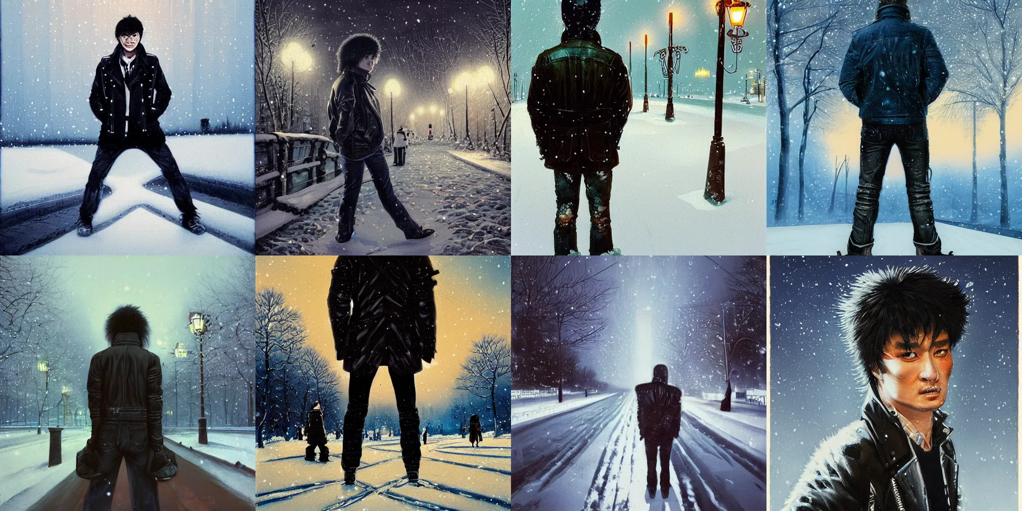 Prompt: beautiful snow - covered victor tsoi korean from back standing on alley snowbank with street lamps in park with pines to the horizon, dressed in leather jacket, snowfall at night, 1 9 8 0 s mullet haircut, half - length portrait, perfect symmetrical eyes, cinematic by peter mohrbacher, detailed, hyperrealism, igla