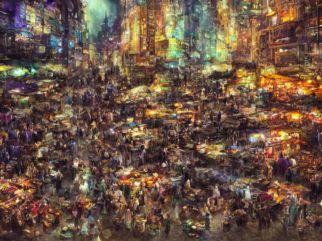 Prompt: matte painting, a solemn night, defied by spirit, pulse, and flow, the vibrant echoes of the market, drifters, traders, collectors, and travelers, within radiate connection, forming an oasis of vivid lights within the shallow city, night, ultradetailed, techwear clothes, vibrant people, vivid color, crowded people, huts, stores, close up, artistic style, eye level shot, cyberpunk style, blue, by Carl Gustaf Hellqvist, George Luks, Ilya Repin