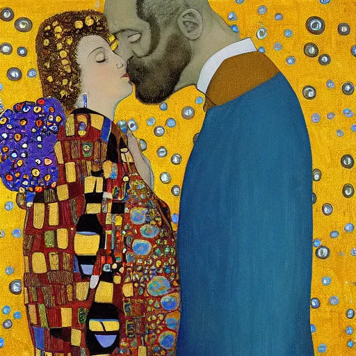 Image similar to “Homer and Marge Simpson from TV series The Simpsons are kissing. Painting by Gustav Klimt , Oil and gold leaf on canvas. Golden period. National Art Gallery. Marge Simpson with her signature blue beehive hairstyle.”