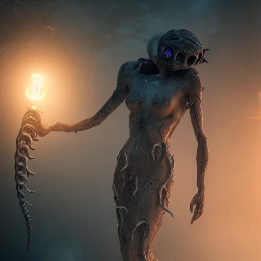 Image similar to beautiful, terrifying, demonic, full body female, with the body of a goddess, a beautiful porcelain face, with parasitic tentacles crawling up her, in a underwater horror scene, photo realistic, dramatic cinematic lighting, octane render, 4k, ultra detailed,