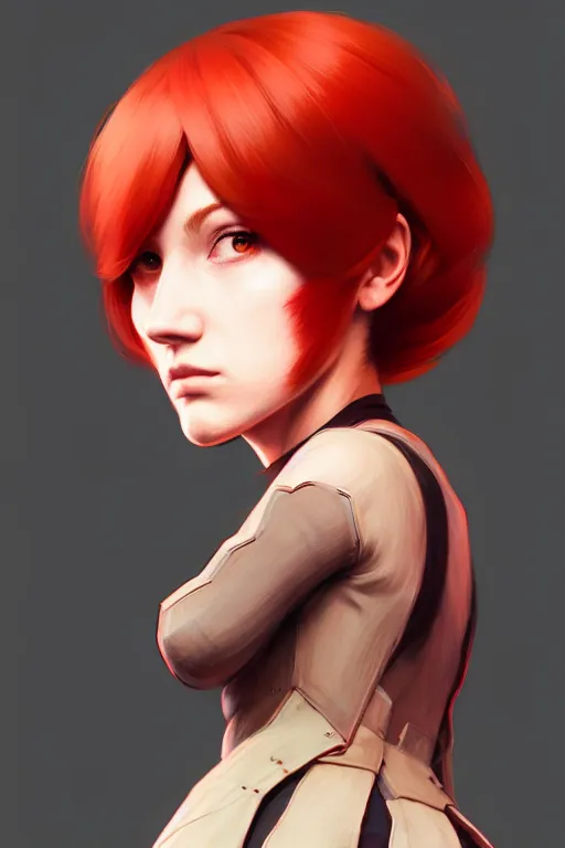 Image similar to longshot, 3 / 4 view of a red headed woman in villager cosplay from super smash brothers intricate, elegant, sharp focus, illustration, highly detailed, concept art, matte, trending on artstation, anime, art by wlop and artgerm and greg rutkowski, ilya kuvshinov, strong strokes,