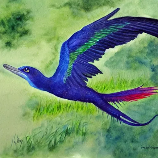 Prompt: A realistic painting of a Quetzal in flight, watercolour, pastel colours