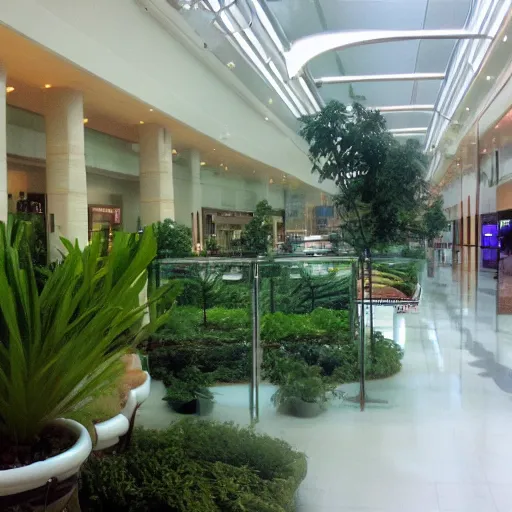 Prompt: Beautiful cameraphone 2000s, soft liminal Photograph of foggy mall with water on the floor plants growing