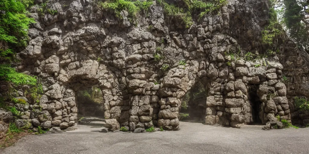 Image similar to entrance to a dungeon of the gods at the base of an ancient mountain in the morning light, in the style of Studio Ghibli, by Hayao Miyazaki, polarizer filter