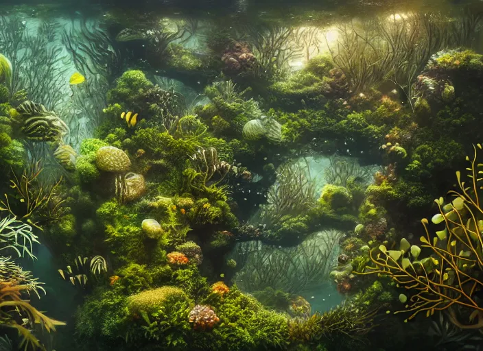 Image similar to overgrown foliage overtaking tall buildings, underwater environment, storefronts, coral, scenery, professional, award - winning, trending on artstation, detailed, realistic, beautiful, emotional, shiny, golden, picture