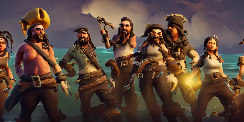 Prompt: portrait of sea of thieves characters, sea of thieves screenshot, storm, unreal engine, digital art, kraken monster