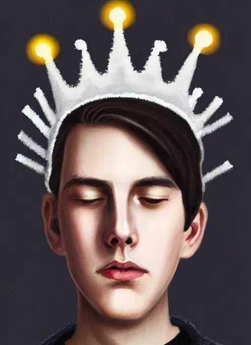 Image similar to portrait of teenage jughead jones wearing a light grey crown, photorealistic, crown, eyes closed, crown, black hair, sweater with letter s on it, letter s, intricate, elegant, glowing lights, highly detailed, digital painting, artstation, concept art, smooth, sharp focus, illustration, art by wlop, mars ravelo and greg rutkowski