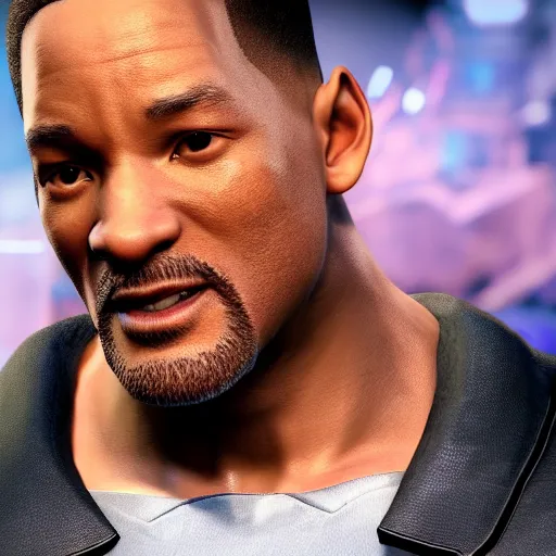 Image similar to a videogame still of Will Smith in Tekken 7, 40mm lens, shallow depth of field, split lighting