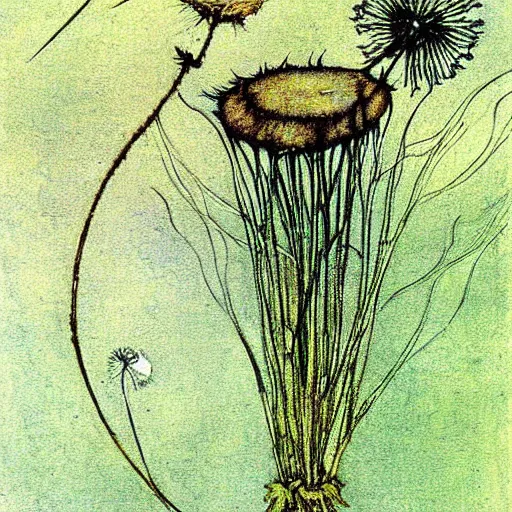 Image similar to a beautiful fairytale painting of a dandelion seed that is also a fairy. the dandelion seed is the body of the fairy. beautiful clear painting by arthur rackham