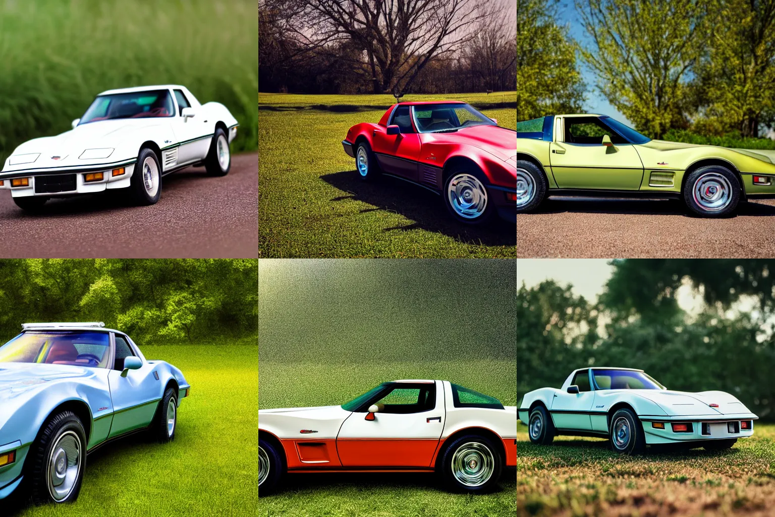 Prompt: a picture of a tiny 1980s Chevrolet Corvette car in the grass, outdoor photo, natural sunlight shallow depth of field, highly detailed macro photography, wide shot