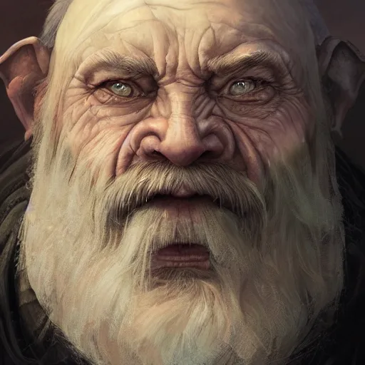 Prompt: a detailed matte head - on portrait painting of an ugly old hobbit man, with a large scar and missing teeth portrait by charlie bowater, lise deharme, wlop, tending on arstation, dungeons and dragon, dnd, pathfinder, fanart, oil on canvas