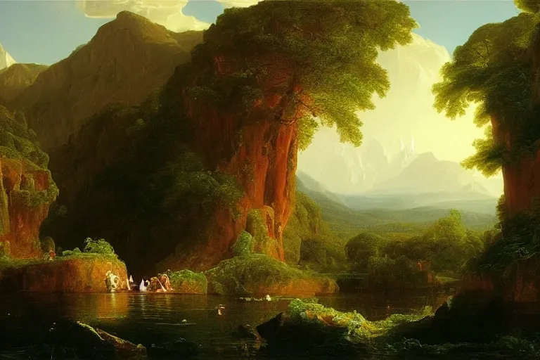 Image similar to there is another world very close to ours that we don't perceive directly, but they do interact sometimes. painting by thomas cole ( 1 8 3 3 )