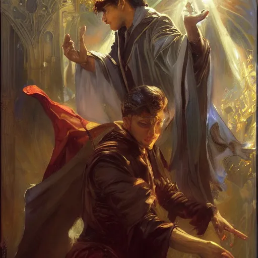 Image similar to attractive magician casts dark spell, summoning attractive lucifer morningstar. highly detailed painting by gaston bussiere, craig mullins, j. c. leyendecker 8 k