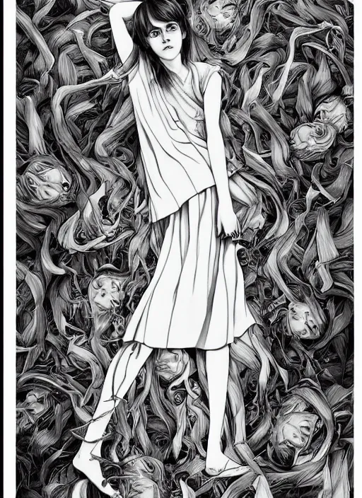 Prompt: full length photo of Emma Watson in the style of Junji Ito, full body, not realistic, sharp focus, 8k high definition, insanely detailed, intricate, elegant, art by stanley lau and artgerm