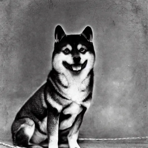 Prompt: photorealistic shiba inu in outlaw gear in the wild west old 1890s photograph