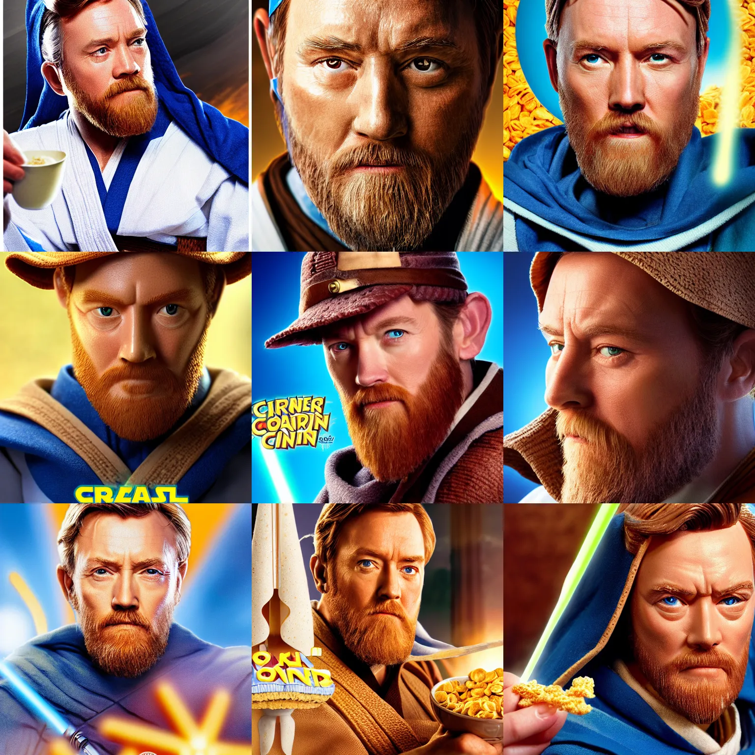 Prompt: obi wan kenobi as captain crunch, cereal box cover, 8 k hdr, closeup portrait