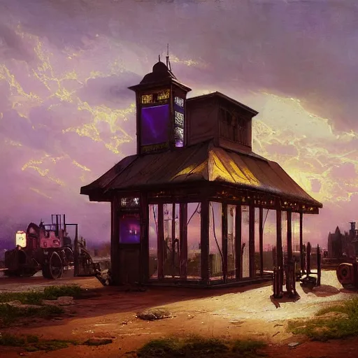 Prompt: painting of artgem artlilery scifi organic shaped gas station with ornate metal work lands on a farm, fossil ornaments, volumetric lights, purple sun, andreas achenbach