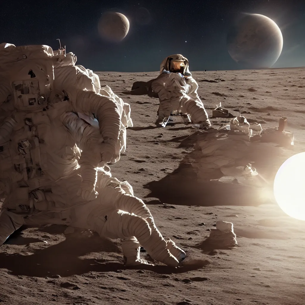 Image similar to astronaut on the Moon sitting on a bench reading a book, Planet Earth visible over the horizon, rim lighting, cinematic lighting, photo realistic image, 4K, super detailed, cinematic look