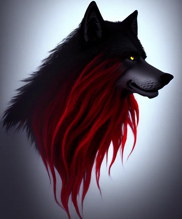 Image similar to award winning painting of a anthropomorphic black male wolf long red hair. artstation, volumetric lighting, highly detailed, photorealistic