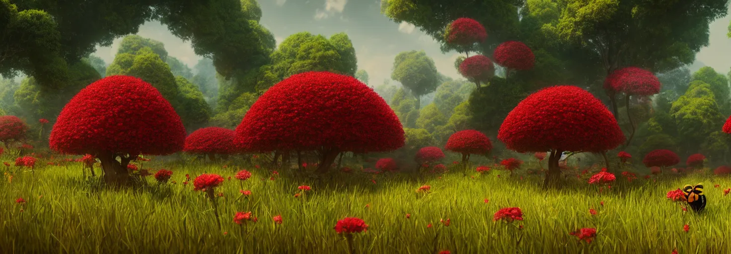 Image similar to crimson - black beehive, large bee hive, in a beautiful forest meadow village landscape, flowers, happy trees, photorealistic, octane render, rtx, hdr, unreal engine, digital art widescreen 8 k, studio ghibli, bob ross, pixar, bee movie, disney