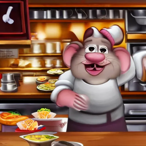 Image similar to A rat working as a chef in a run down New York City diner, HD Animated Still
