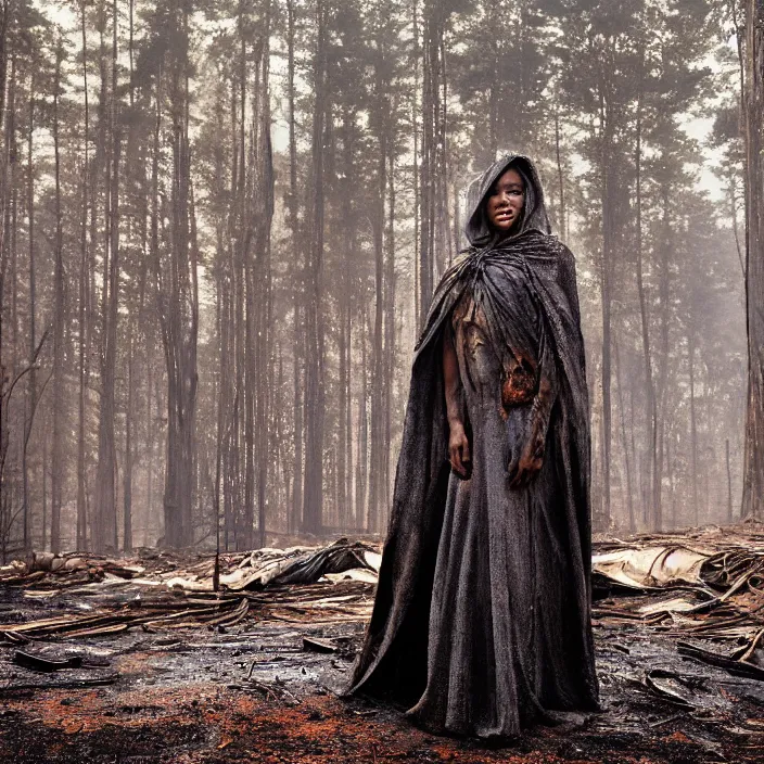 Image similar to portrait of a woman wearing a cloak of scrap metal in a charred, burnt forest, by Annie Leibovitz and Steve McCurry, natural light, detailed face, CANON Eos C300, ƒ1.8, 35mm, 8K, medium-format print