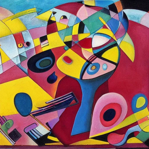 Prompt: a giant monster with sausage lips crying on the floor high detailed oil painting composition minimal design pink blue yellow red colored cars flying miro kandinsky picasso style texture details stained details smooth and sharp details 4k