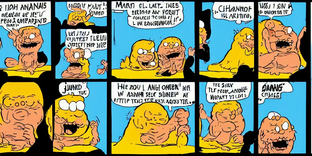 Prompt: charles manson slipping on a banana peel, 3 panel garfield comic strip by jim davis