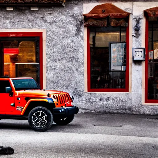 Image similar to Abstract Jeep Wrangler inspired by Italian pizza sauce, in front of a pizza shop in Italy, 4k photography