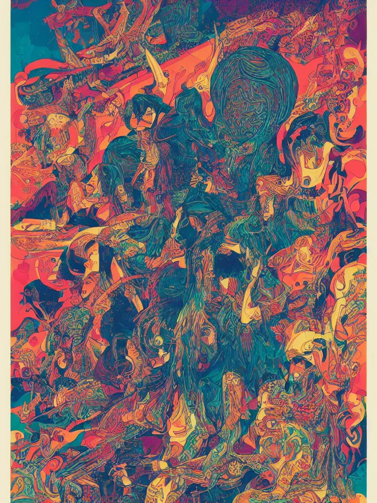 Image similar to a psychedelic poster of khruangbin trio musicians by james jean, paul lehr, krizpii, christian orrillo, risography print,