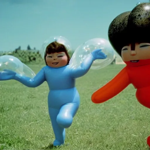 Image similar to Still from an Agnes Varda film about two housewives dressed as inflatable toys running away from their problems, Technicolor 1980