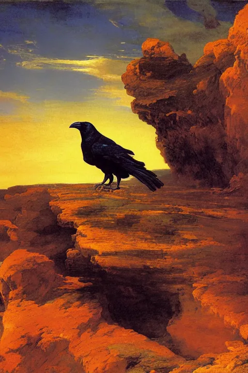 Prompt: a breathtakingly stunningly beautifully highly detailed extreme close up portrait of a raven under a rock arch, epic coves crashing waves plants, beautiful clear harmonious composition, dynamically shot, wonderful strikingly vivid orange beautiful dynamic sunset with epic clouds, detailed organic textures, by frederic leighton and rosetti and turner and eugene von guerard, 4 k