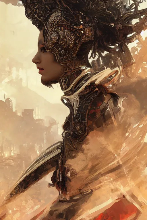 Image similar to portrait knights of Zodiac girl, metallic black and reddish reflected armor, in ruined Agora of Athens, ssci-fi, fantasy, intricate, very very beautiful, elegant, highly detailed, digital painting, artstation, concept art, smooth, sharp focus, illustration, art by tian zi and WLOP and alphonse mucha