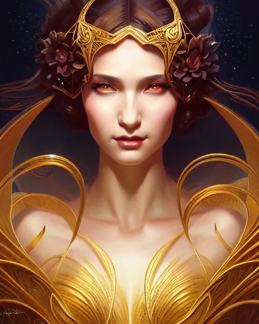 Image similar to Beautiful and playful ethereal singer portrait, art deco, fantasy, intricate art deco golden designs, elegant, highly detailed, sharp focus, art by Artgerm and Greg Rutkowski and WLOP