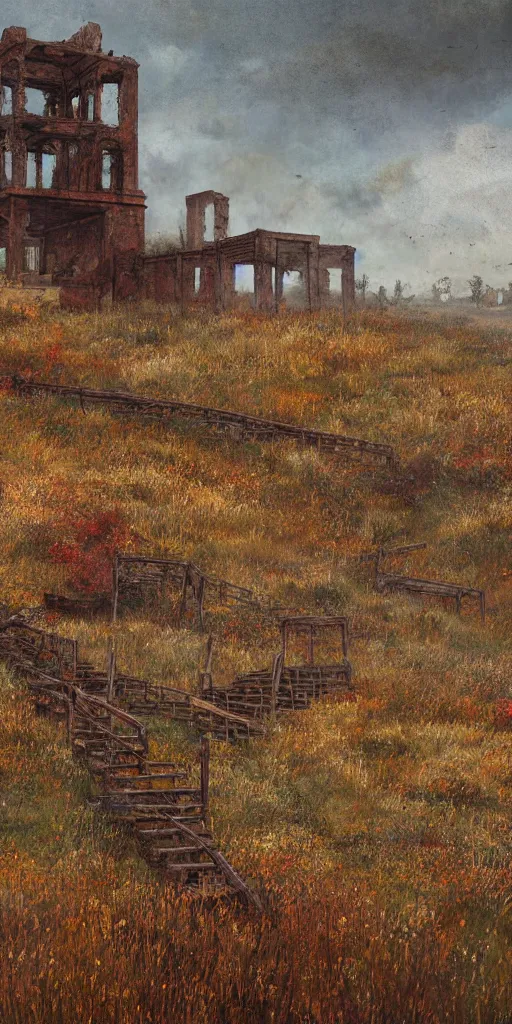 Image similar to rusty broken building constructions of a giant staircase, the ruins, in the steppe, autumn field, misty background, from the game pathologic 2, highly detailed, sharp focus, matte painting, by isaac levitan and asher brown durand,