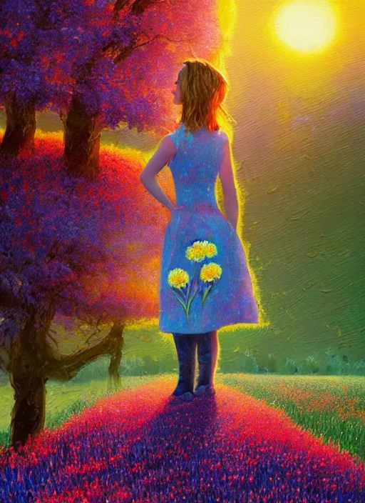 Image similar to girl with flower as a face, flower dress, standing in a flower field, big trees, sunrise dramatic light, impressionist painting, colorful clouds, digital painting, pointillism, artstation, simon stalenhag