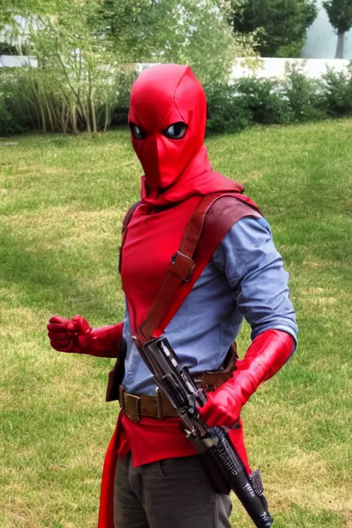 Image similar to red hood cosplay, cellphone picture