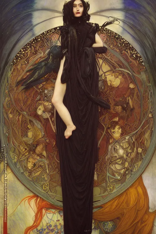 Image similar to masterpiece painting of ephemeral vampire raven haired girl by donato giancola, darius zawadzki and tom bagshaw, face by artgerm and edmund leighton, alphonse mucha, background by james jean and gustav klimt, 8 k, horror, dark color palette, volumetric lighting, porcelain skin, french nouveau, trending on pixiv