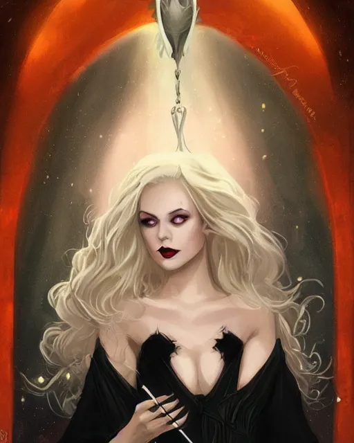 Image similar to tarot, beautiful wicked female occultist, sweeping ombre blonde hair, red eyes, black velvet dress, dark colors, magic Amulet, raven, fantasy painting, trending in Artstation, GSociety, by Charlie Bowater, Brom, Bastien Lecouffe-Deharme