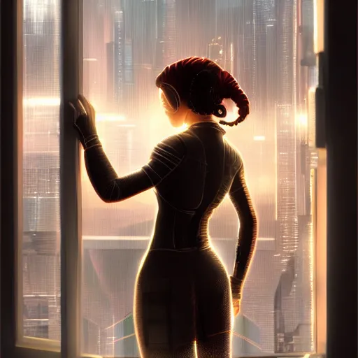 Prompt: portrait of cyberpunk woman looking out of a window, cyberpunk setting, futuristic, highly detailed, intricate lighting, digital painting, sharp focus, illustration, trending on artstation, art by pixar animation.