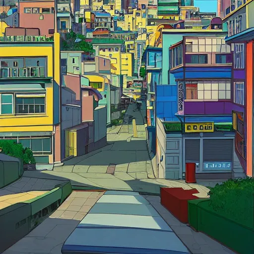 Image similar to city street, sloped street, city on hillside, street scene, colorful buildings, cel - shading, 2 0 0 1 anime, flcl, jet set radio future, golden hour, japanese town, concentrated buildings, japanese neighborhood, construction site, cel - shaded, strong shadows, vivid hues, y 2 k aesthetic